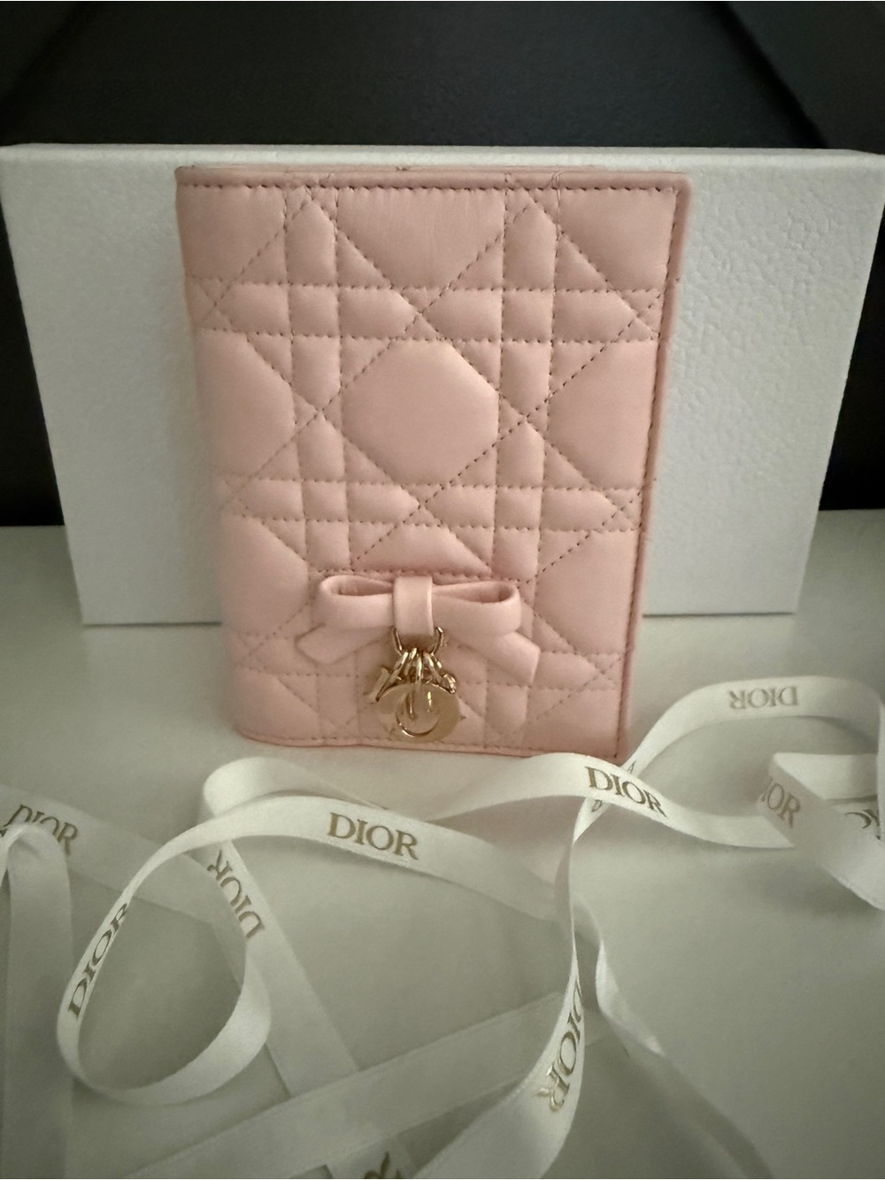 Dior Pale Pink Quilted Leather Passport Sleeve with Bow and Gold Charm